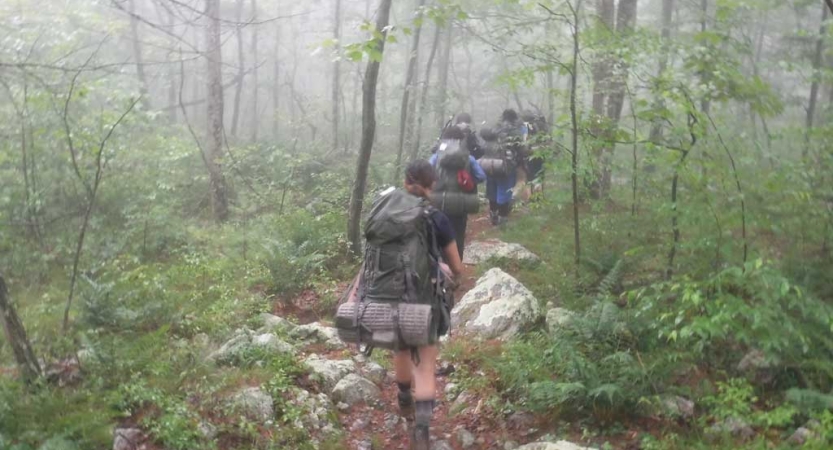 a group of young people wearing backpacks hike away from the camera through a foggy wooded area 